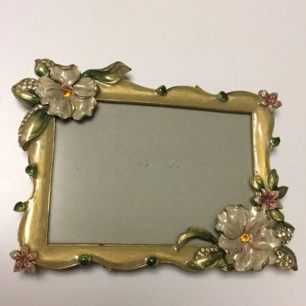 Vintage Gold Floral Picture Frame With Rhinestone Accents & Jeweled Flowers